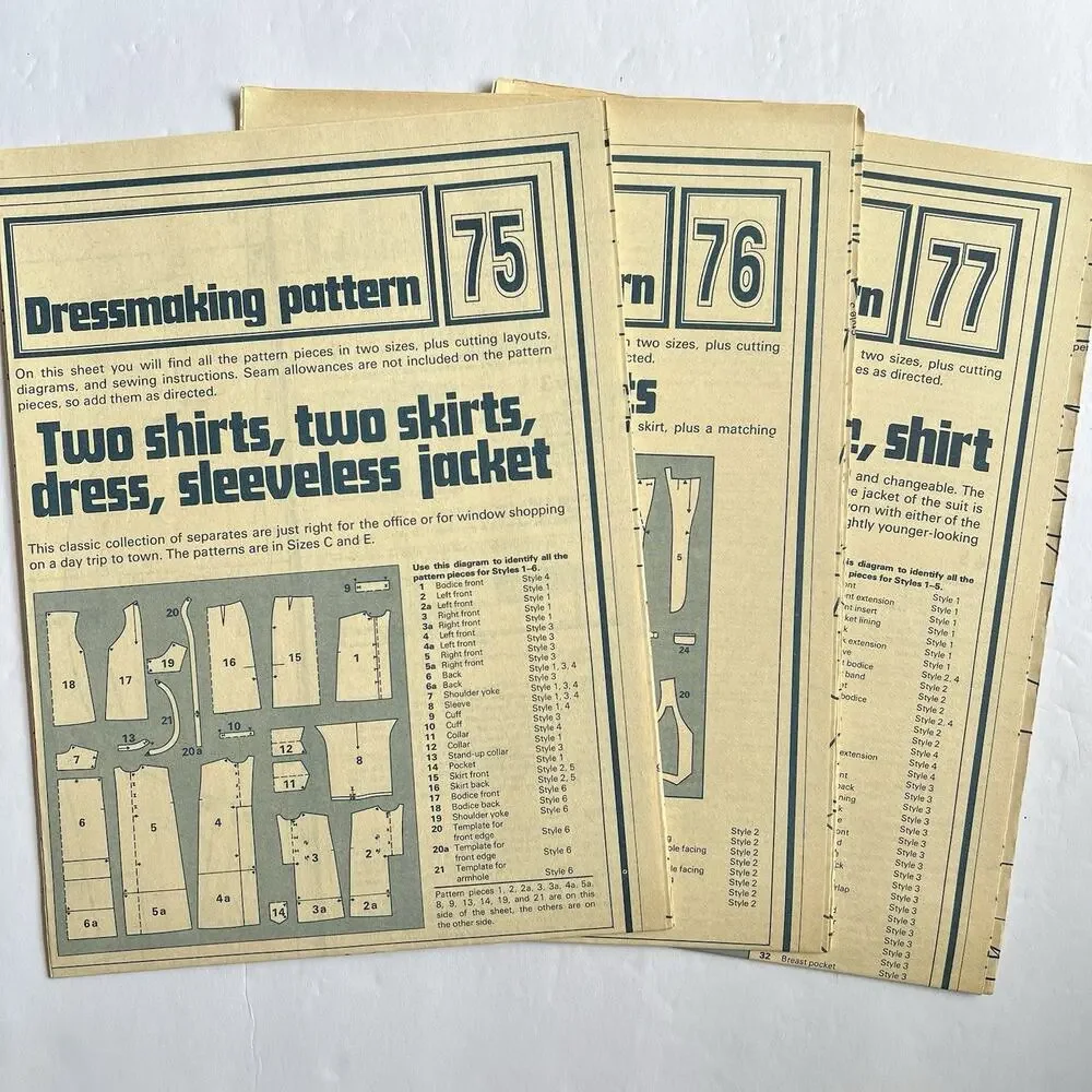 Vintage Designer Sewing Patterns Uncut Lot Of 3 Blouse Dress Jacket Skirt 70s